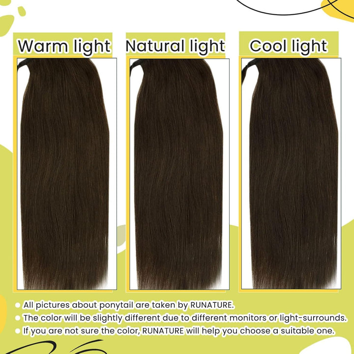 RUNATURE Zopf Echthaar Braun 35cm Unsichtbarer Clip in Ponytail Echthaar Extensions 70g/pack Glatt P