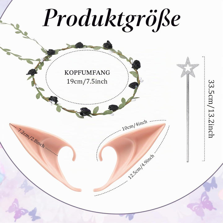 4 Stück Feenflügel Erwachsene Set Schmetterlingsflügel Blumenkranz Feenstab Elfenohren Fasching Dame