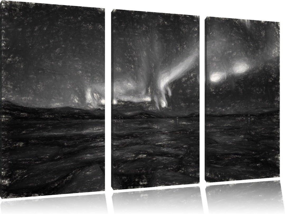 Pixxprint Polarlicht am Himmel Kunst Kohle Effekt 3-Teiler Leinwandbild 120x80 Bild auf Leinwand
