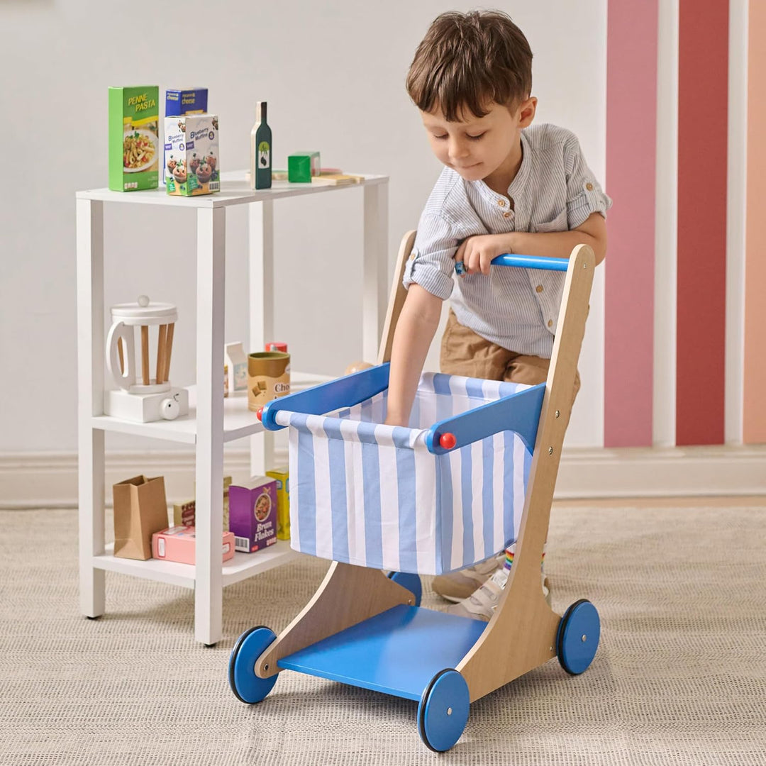 Teamson Kids Holz Einkaufswagen Spielzeug für Kinder mit Zubehör in Blau, Rollenspiel-Laden aus Holz