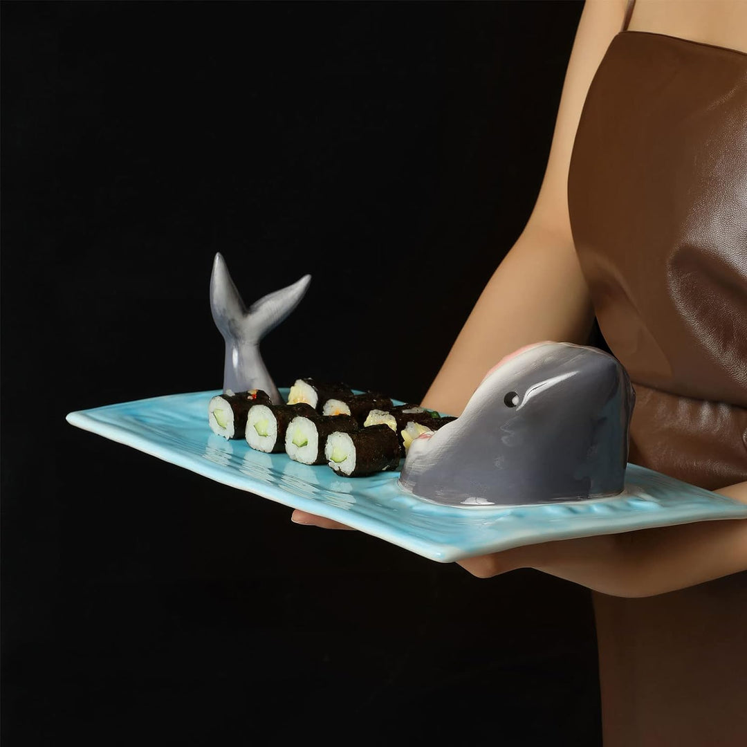 Aunaeyw Shark Sushi Teller Keramik Sushi Teller, Haifisch Form Rechteck Shark Sushi Platte Rechtecki
