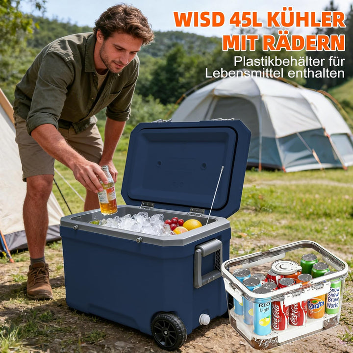 WISD 45L Kühlbox mit Rollen und Griff – Grosse Camping Kühlbox mit Metallverschlüssen & Ablaufstopfe