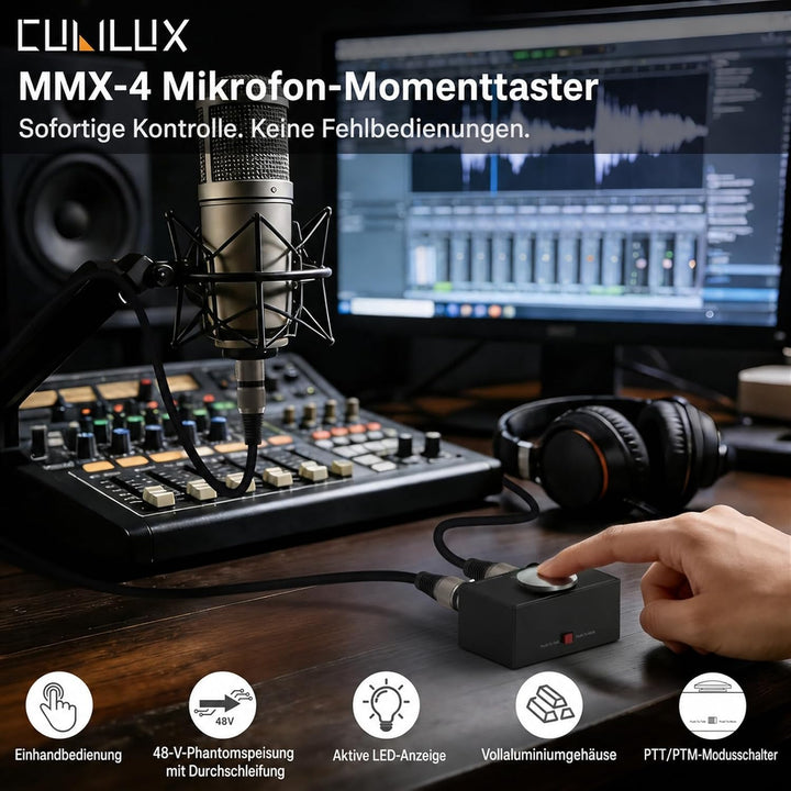 Cubilux XLR Mikrofon Stummtaste mit Momentfunktion, umschaltbar zwischen Push to Talk (PTT) und Push