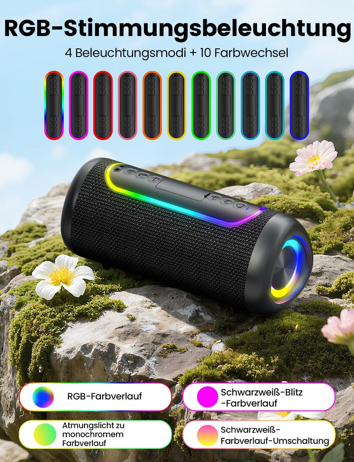 Bluetooth Lautsprecher 30W Dual-Lautsprecher Kräftiger Bass Bluetooth 5.4 IPX5 Wasserdicht 30 Stunde