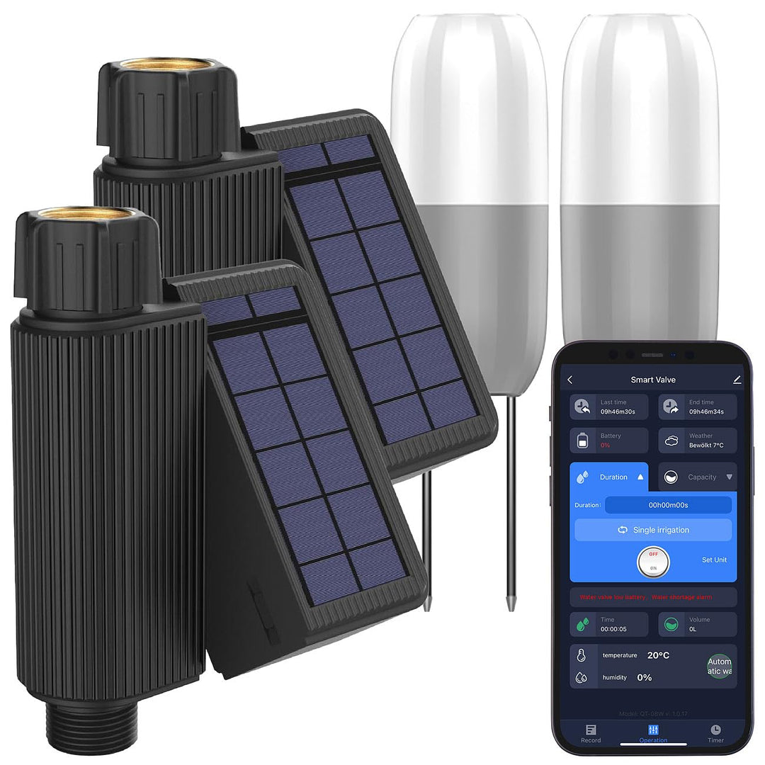Royal Gardineer Solarbewässerungssysteme: 2er-Set WLAN-Bewässerungscomputer, Solarpanel, App, 2X Bod