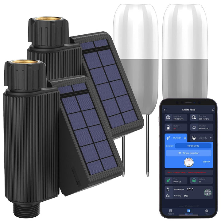 Royal Gardineer Solarbewässerungssysteme: 2er-Set WLAN-Bewässerungscomputer, Solarpanel, App, 2X Bod