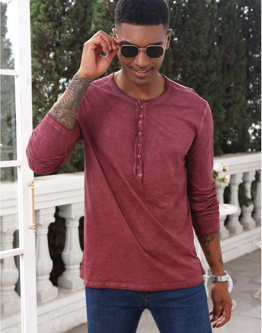 YawYews Henley Shirt Herren Langarm Langarmshirt Herren Longsleeve T Shirt Vintage Tshirt Baumwolle