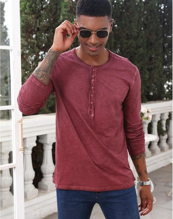 YawYews Henley Shirt Herren Langarm Langarmshirt Herren Longsleeve T Shirt Vintage Tshirt Baumwolle
