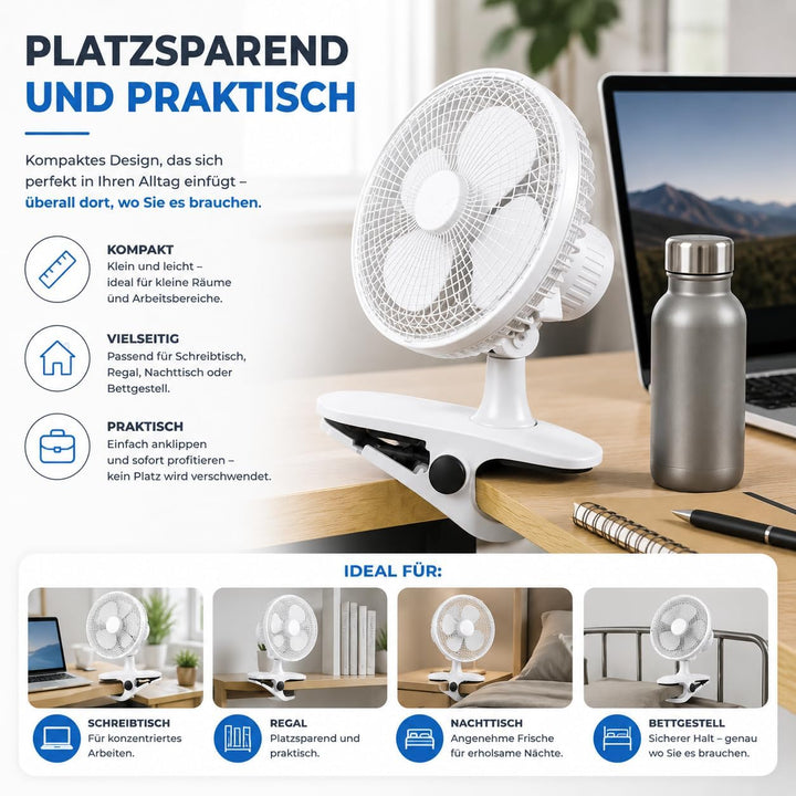 2 in 1 Leiser Tischventilator mit Clip & Ständer (20 cm) mit 90° Schwenkfunktion Ventilator – tragba