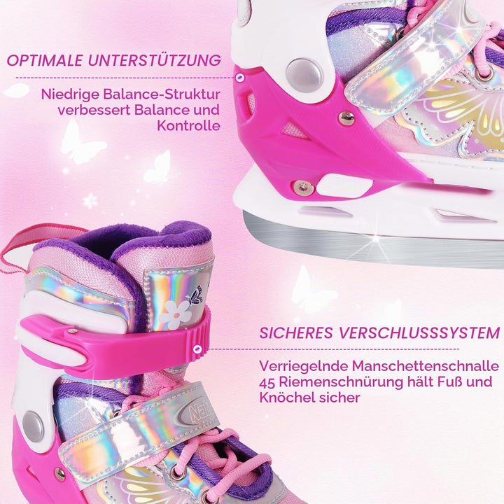 Nattork Mädchen-Eislaufschuhe für Kinder, 4-Fach verstellbar, Butterfly-Eislaufschuhe mit Fleecefutt