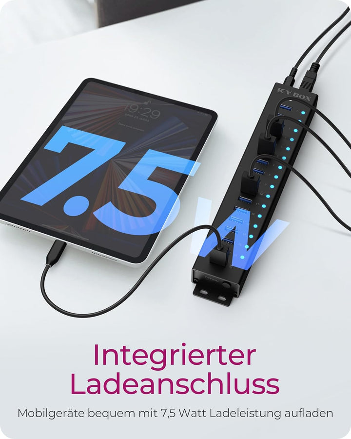 ICY BOX USB HUB (17 Ports) 16x USB & 1x USB Laden, USB 3.2 Gen 1 (5 Gbit/s pro Port), mit 96W Netzte