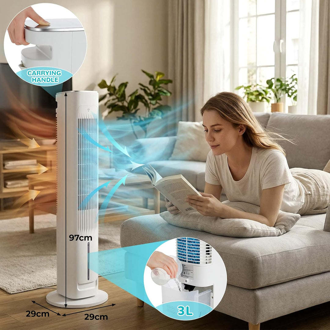 LIFERUN Turmventilator 97cm mit Wasserkühlung Fernbedienung Luftkühler 3-Geschwindigkeiten-4-Modi Ve
