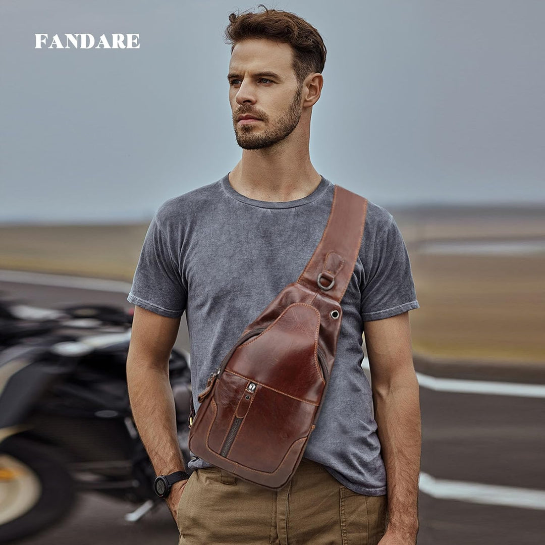 FANDARE Retro Brusttasche Leder Sling Bag Schultertasche Herren Damen Umhängetaschen Sporttasche für