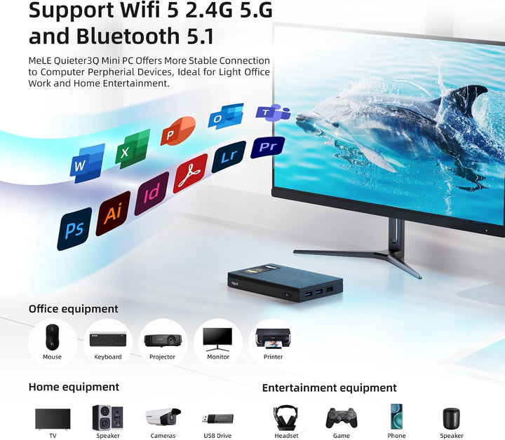 MeLE Quieter3Q Lüfterloser Mini PC Windows 11 Pro Celeron N5105 8GB 256GB, Portable Desktop HDMI Wif