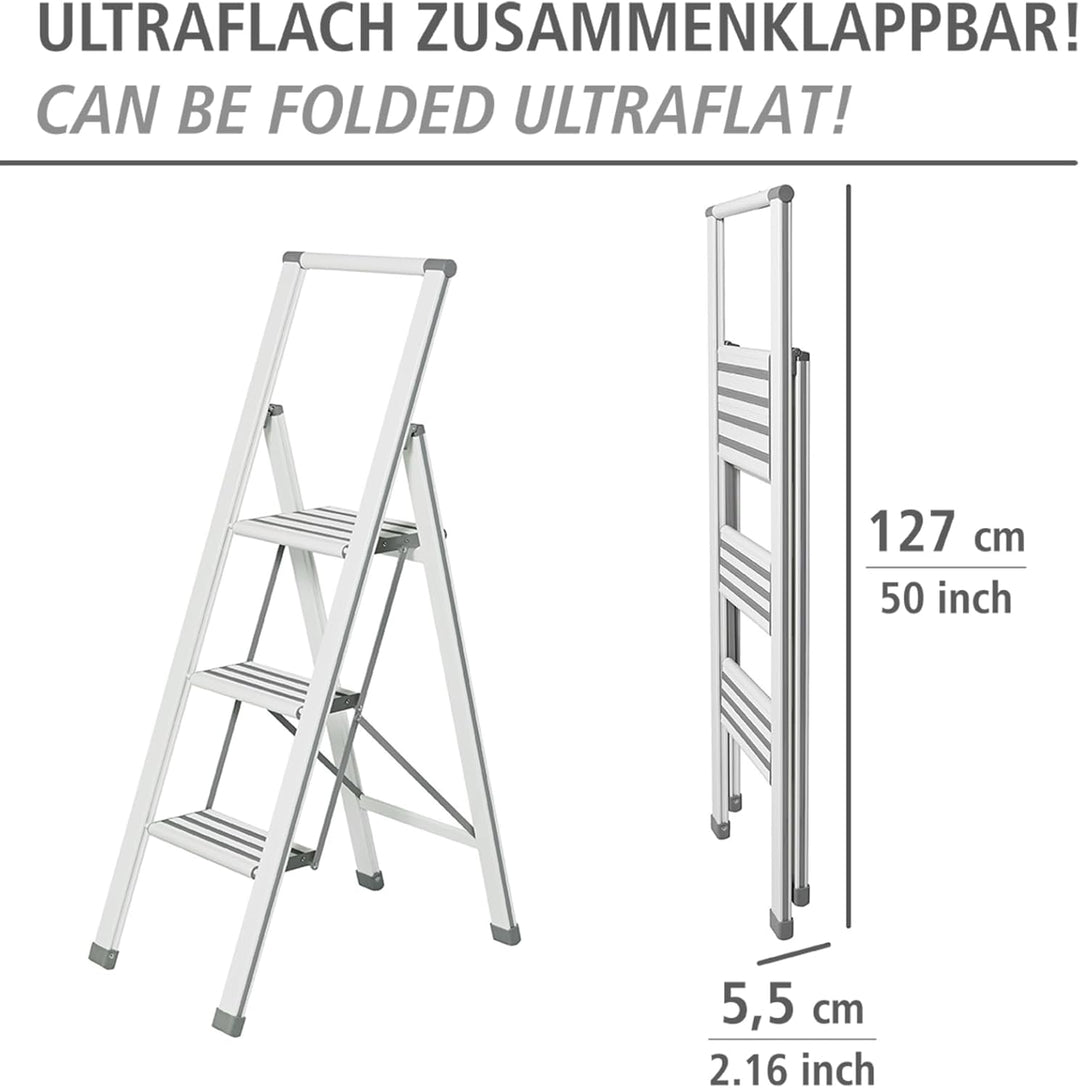 WENKO Leichte Aluminium Trittleiter mit 3 Stufen für 75 cm höheren Stand, rutschsichere XXL-Stufen,