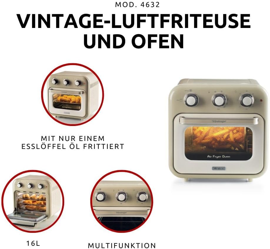 Ariete Vintage, 4632 2-in-1 Heissluftfritteuse und Ofen, 16 L Fassungsvermögen, Körbe und Drehspiess