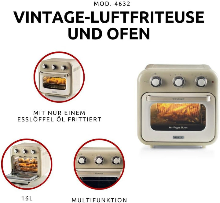 Ariete Vintage, 4632 2-in-1 Heissluftfritteuse und Ofen, 16 L Fassungsvermögen, Körbe und Drehspiess