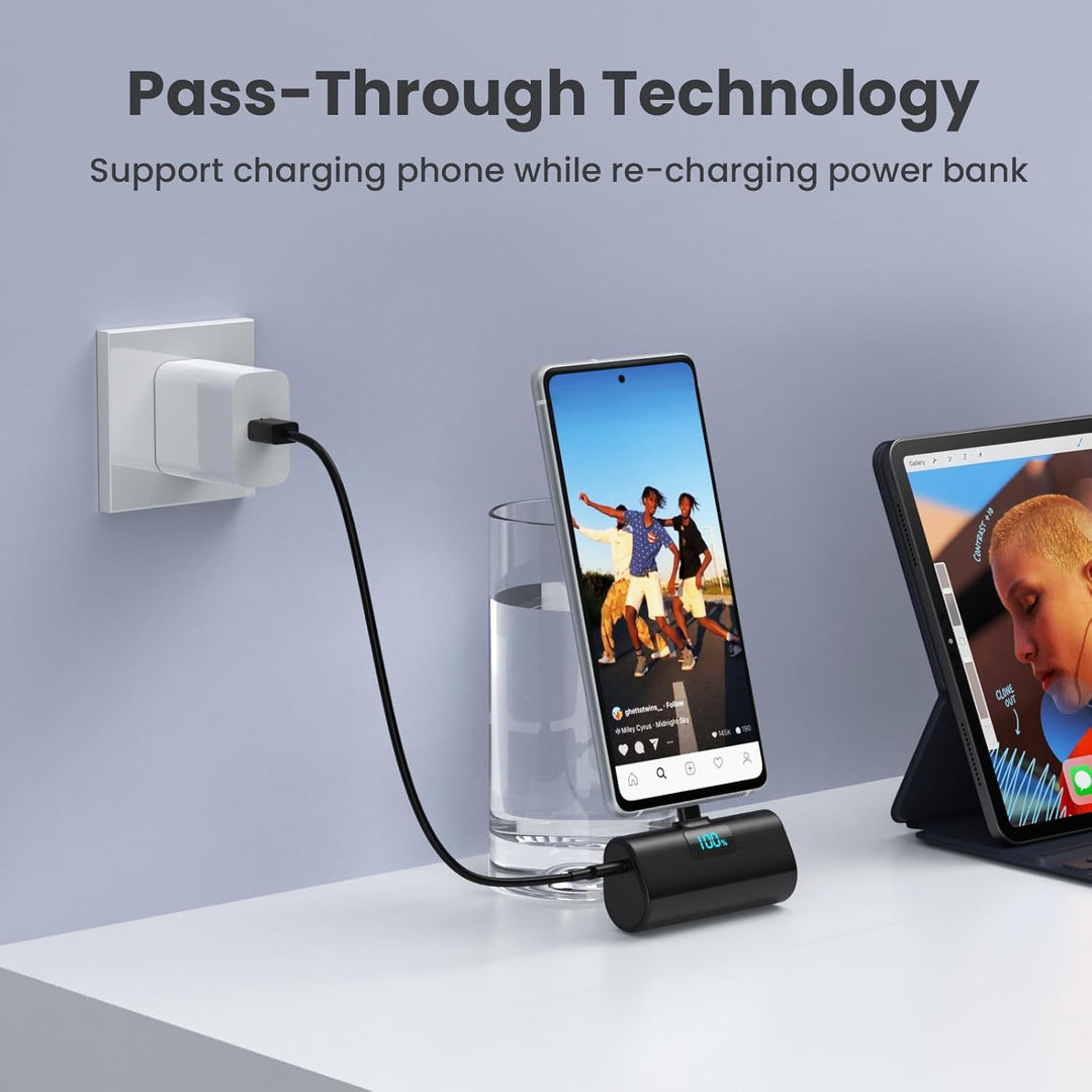 Mini Powerbank 5200mAh, Klein Power Bank USB C PD Externer Akku, Compact LCD Digitalanzeige Akkupack