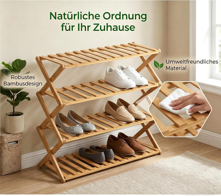 Schuhregal, 4-stöckig, aus Bambus, zusammenklappbar, freistehendes Regal für den Eingangsbereich, da