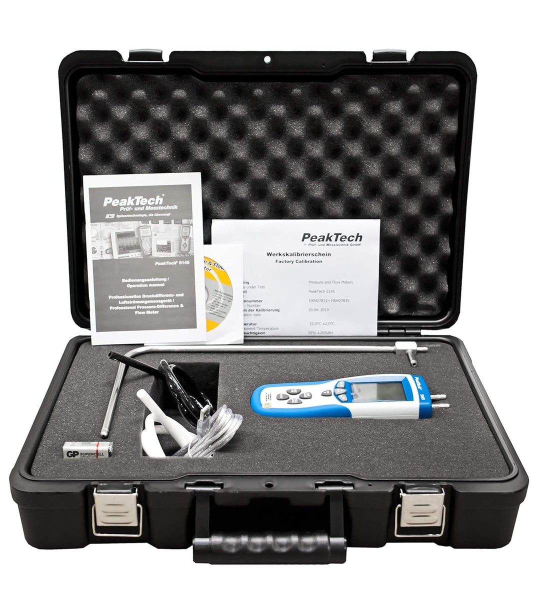 PeakTech P 5145 2 in 1 Differenz-Druckmessgerät und Luftgeschwindigkeitsmesser mit Pitot Rohr, Diffe