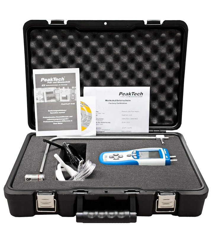 PeakTech P 5145 2 in 1 Differenz-Druckmessgerät und Luftgeschwindigkeitsmesser mit Pitot Rohr, Diffe