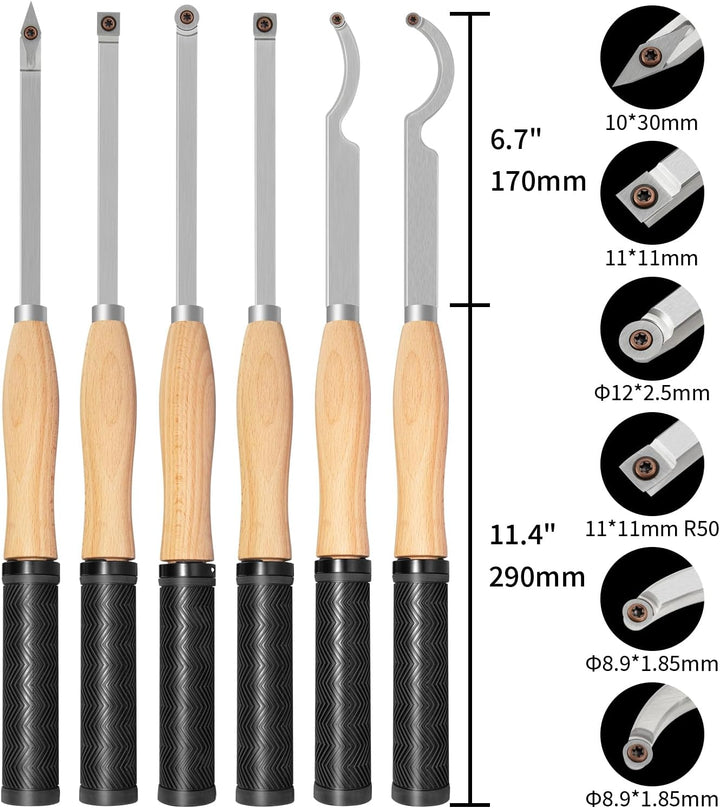 46.5cm Drechseleisen Set mit Hartmetall-Schneidplatten, 6Stück Drechselmesser in Holzkoffer, Drechse