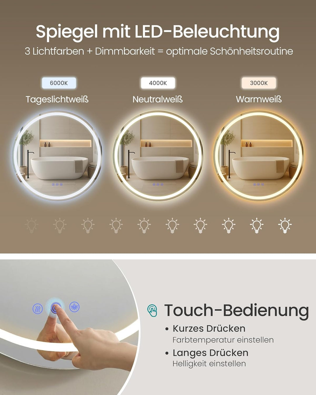 SONGMICS Badspiegel mit Beleuchtung, Spiegel rund, Wandspiegel, Badezimmerspiegel Antibeschlag-Funkt