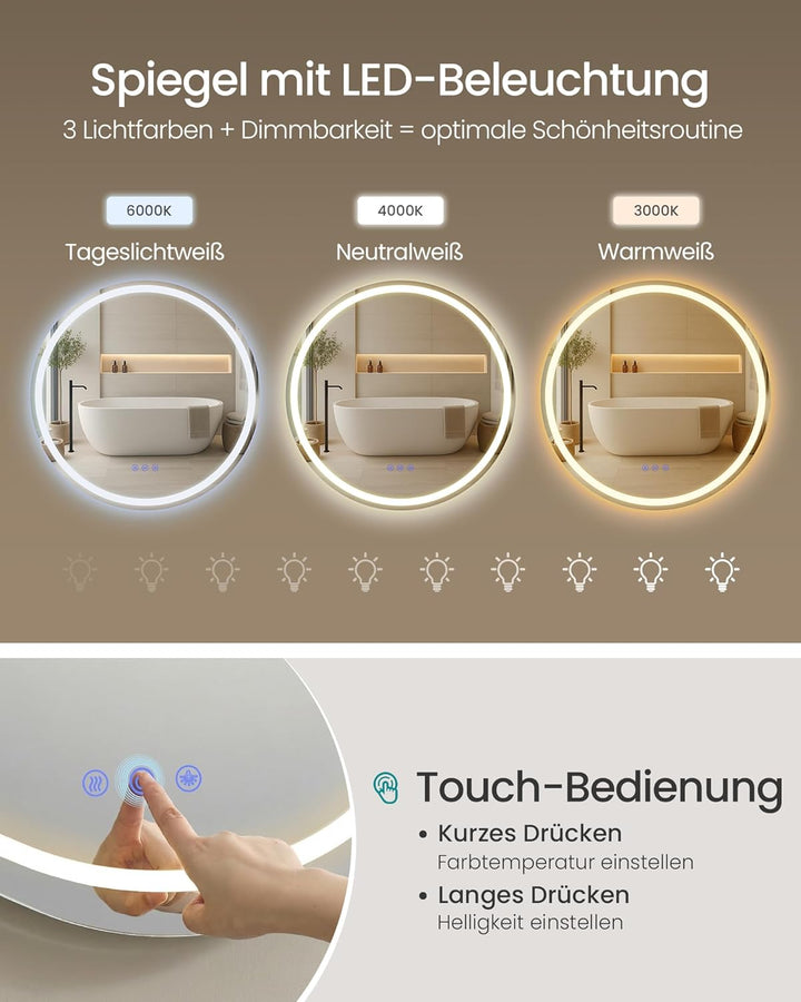 SONGMICS Badspiegel mit Beleuchtung, Spiegel rund, Wandspiegel, Badezimmerspiegel Antibeschlag-Funkt