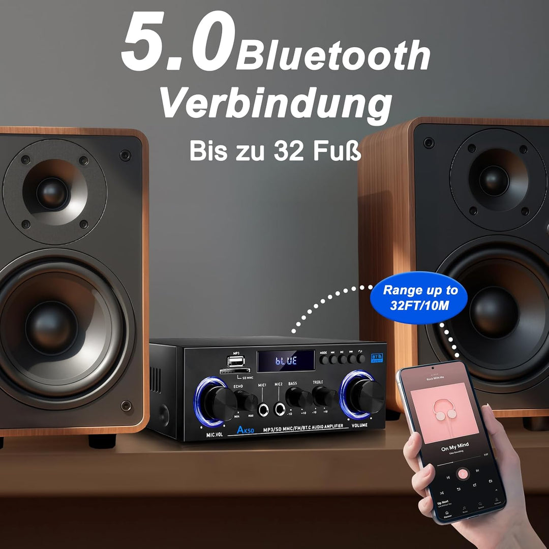 AK50 HiFi-Verstärker Heim-Audio, Stereo-Receiver 400 W Heim-2-Kanal-Bluetooth 5.0-Leistungsverstärke