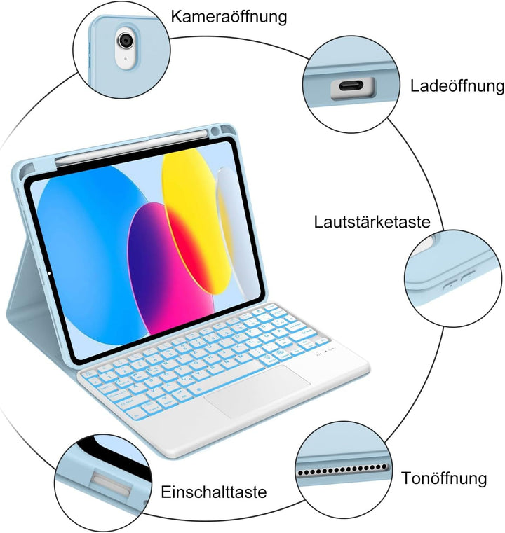 Hülle mit Tastatur für iPad A16 11 Generation 2025/10 Generation 2022, Bluetooth Magnetische Tastatu