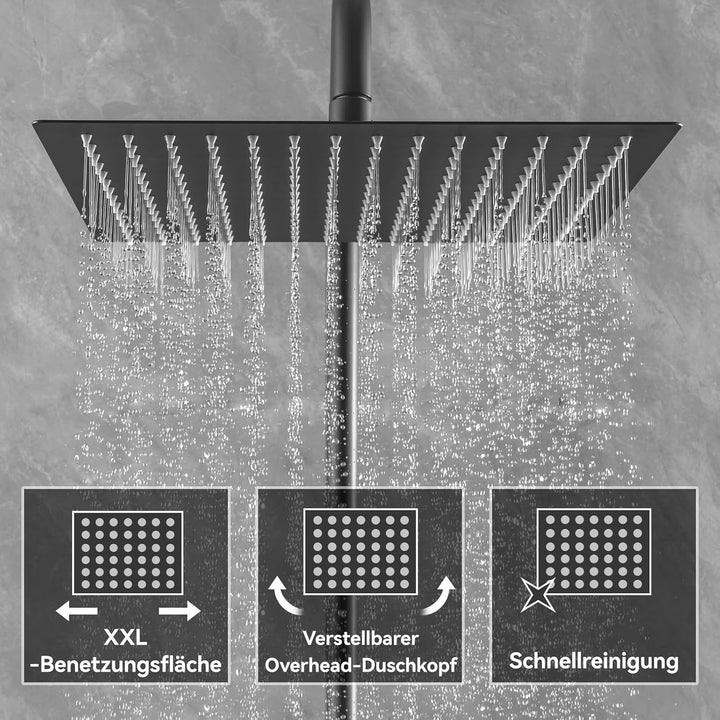 Auralum Thermostat Duschsystem Komplettset Schwarz mit 30cm Edelstahl Regendusche, 6 Strahlarten Han