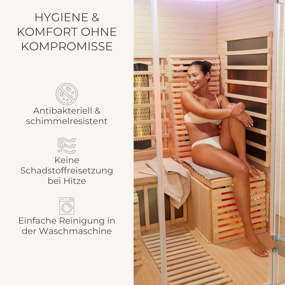 SAUNASOFA Set Short – 2-Sitzer Sauna-Auflage mit Kissen – Saunamatte für Infrarot-Kabine & klassisch