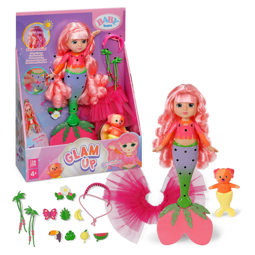 Baby Born Glam Up Sunshine, Meerjungfrau mit Langen rosa Haaren Haaren mit UV-Farbeffekt, zum Stylen