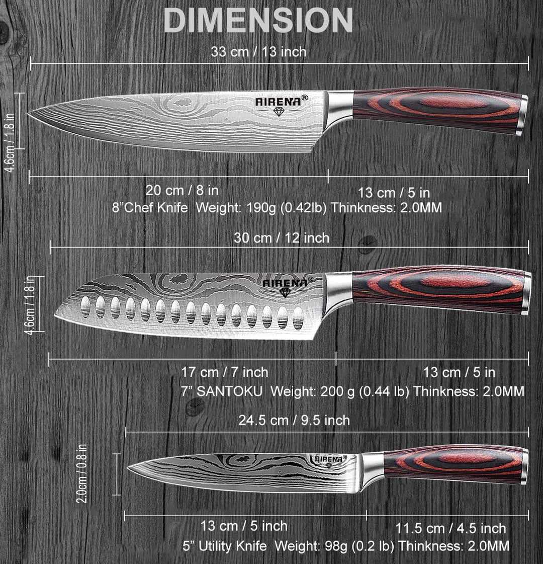 AIRENA Küchenmesser Set,3-tlg Messerset aus hochwertigem Carbon Edelstahl, Profi Messer set mit 8" K