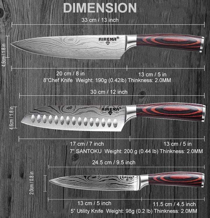 AIRENA Küchenmesser Set,3-tlg Messerset aus hochwertigem Carbon Edelstahl, Profi Messer set mit 8" K