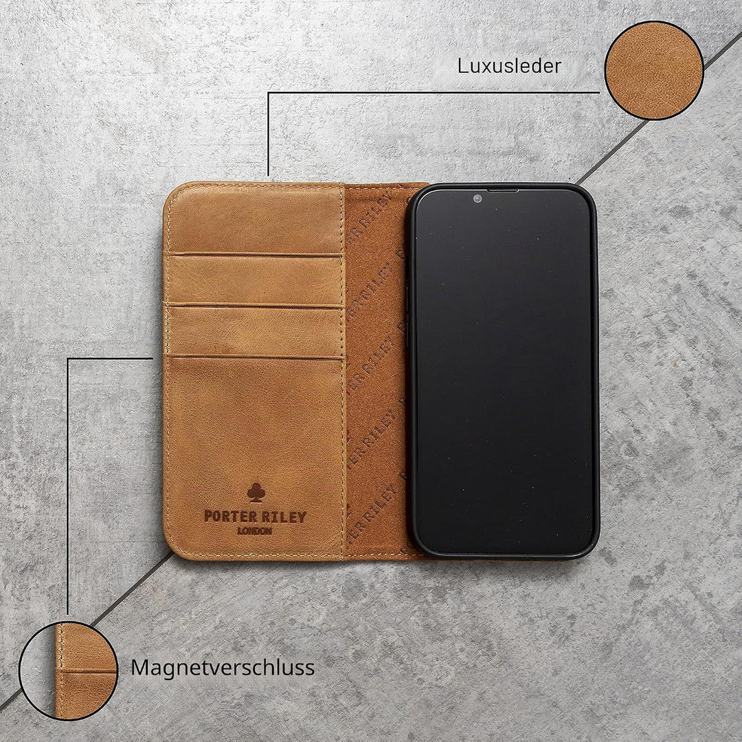 Porter Riley - Lederhülle für iPhone 12 Pro Max (6.7"). Premium Echtleder Standhülle/Ledertasche/Bri