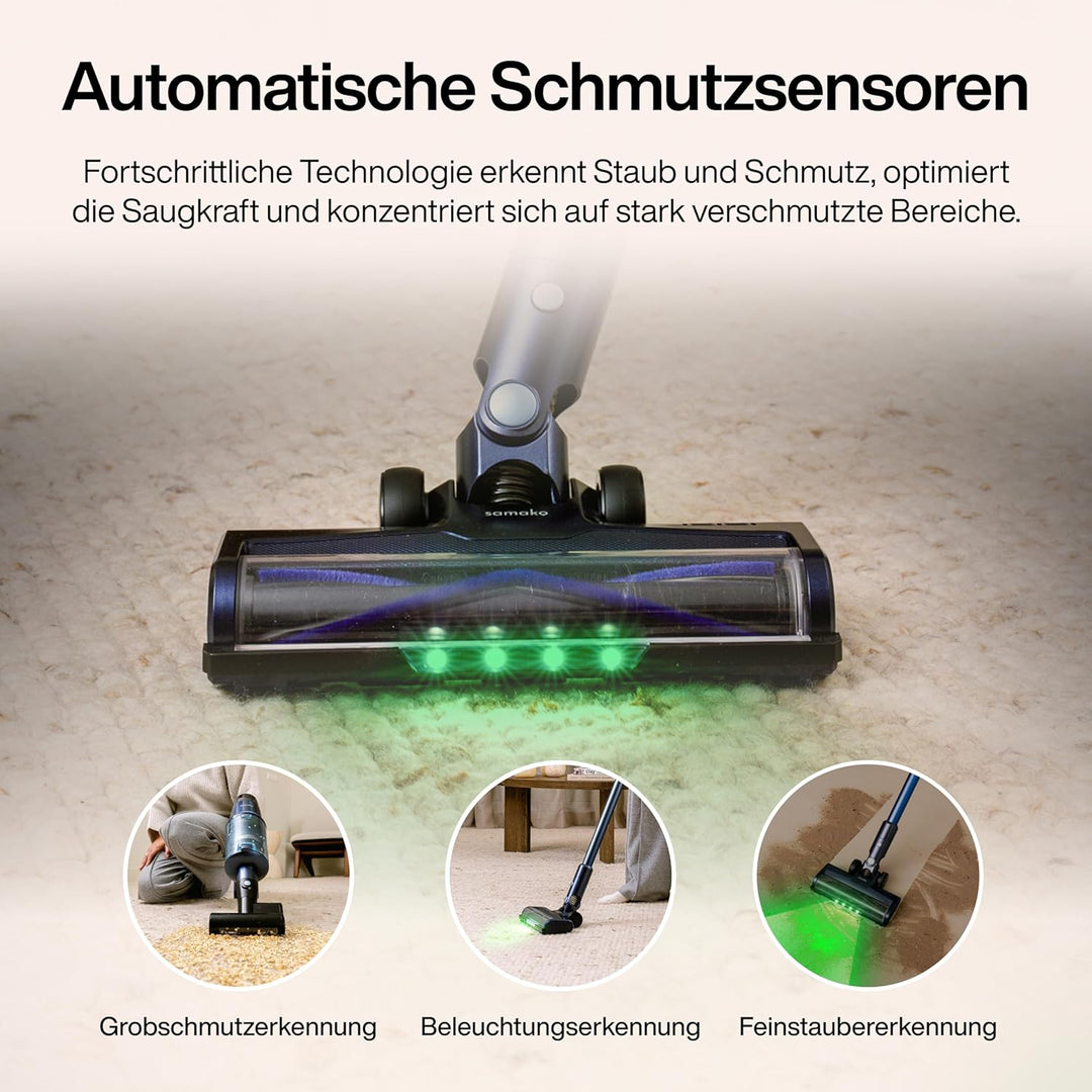Samako CleanDetect Handstaubsauger Akku – 450W Leistungsstarker Stielstaubsauger mit LED-Schmutzerke