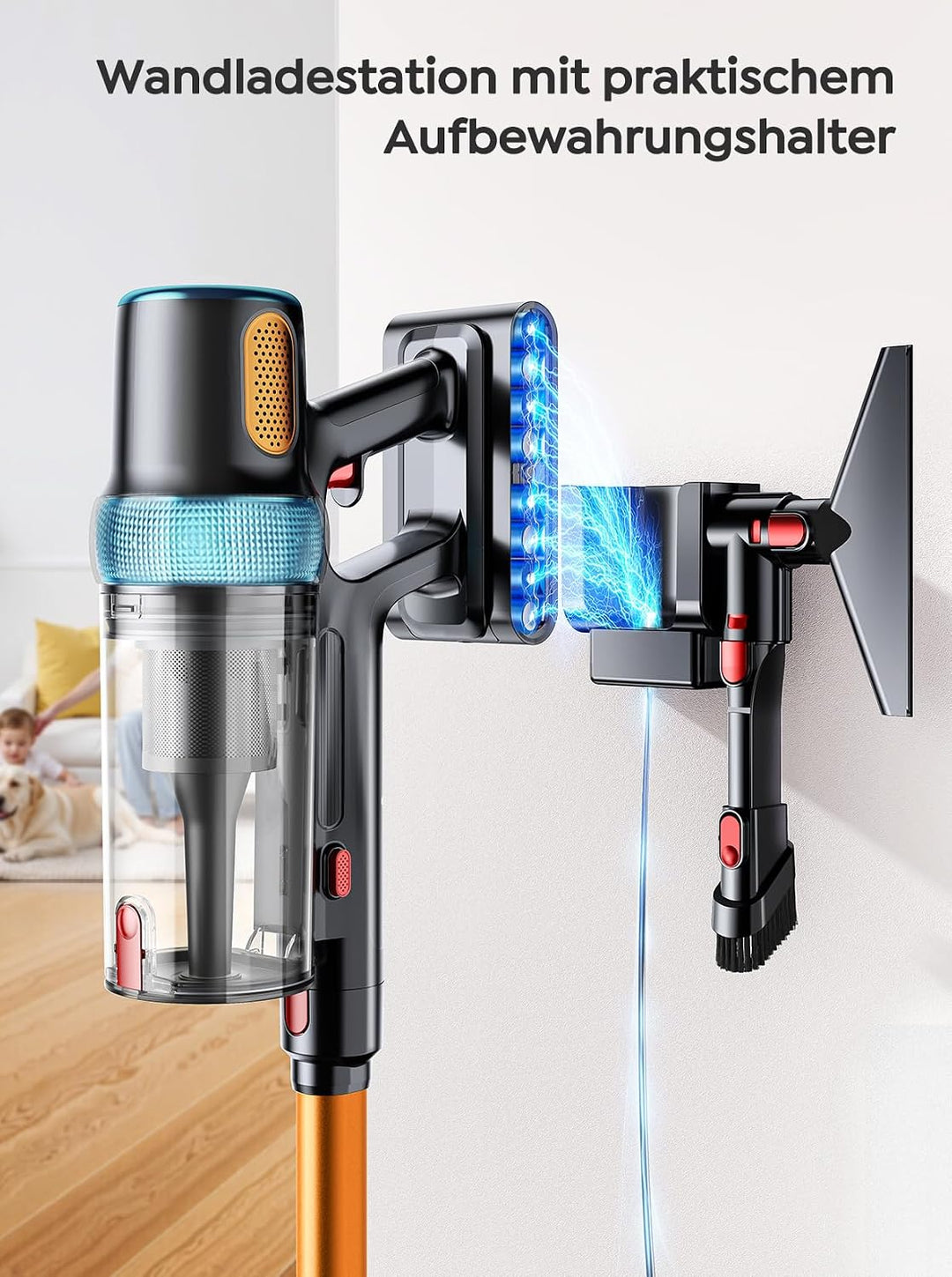 Akku Staubsauger 50KPA/600W/65Min,Selbststehender Staubsauger Kabellos mit 1M Ausziehbarer Schlauch,