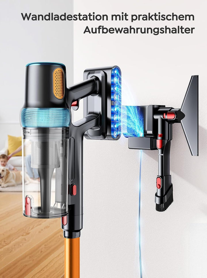 Akku Staubsauger 50KPA/600W/65Min,Selbststehender Staubsauger Kabellos mit 1M Ausziehbarer Schlauch,