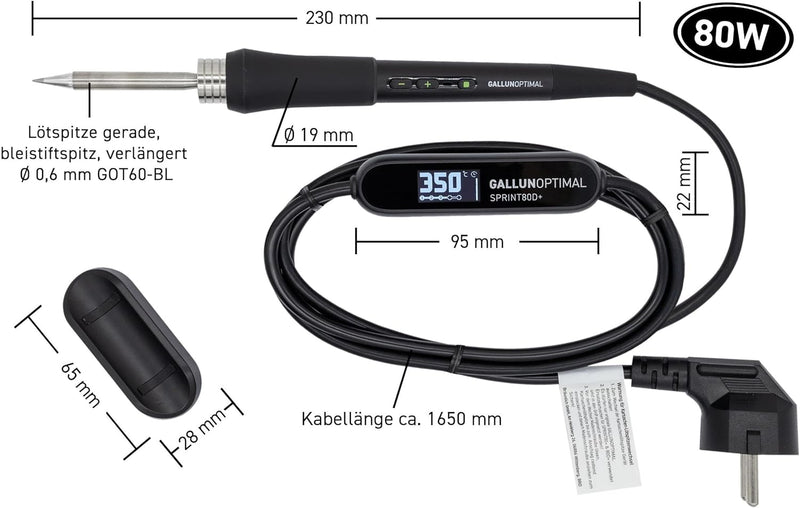 GALLUNOPTIMAL Temperatur geregelter Lötkolben mit OLED-Display und Kartuschenspitze, 1,77m Silikonka