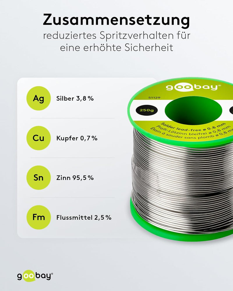 Goobay 51129 Lötzinn bleifrei ø 0,8mm Lötdraht mit Flussmittel, 3.8 % Silber & 0.7 % Kupfer, 217 °C