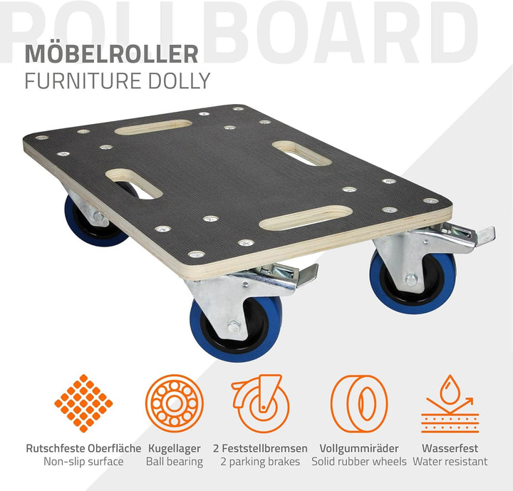 ECD Germany 2er Set Transportroller mit 2X Feststellbremse, 35x50 cm, 800kg Siebdruckplatte, PP-Räde