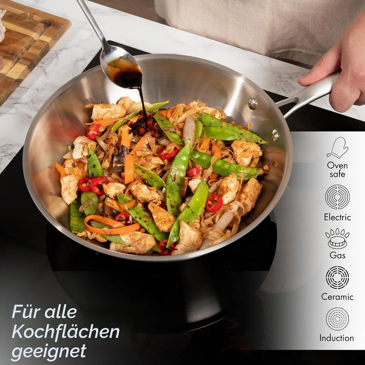 Nuovva Edelstahl Wokpfanne Antihaft – Induktionsgeeignete tiefe Pfanne zum Braten &amp; Wok-Kochen – 28