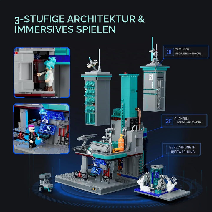 Lumibricks Neon Tech Station Beleuchtetes Klemmbaustein-Set, 1282 Teile Cyberpunk Hochhaus mit LED-L
