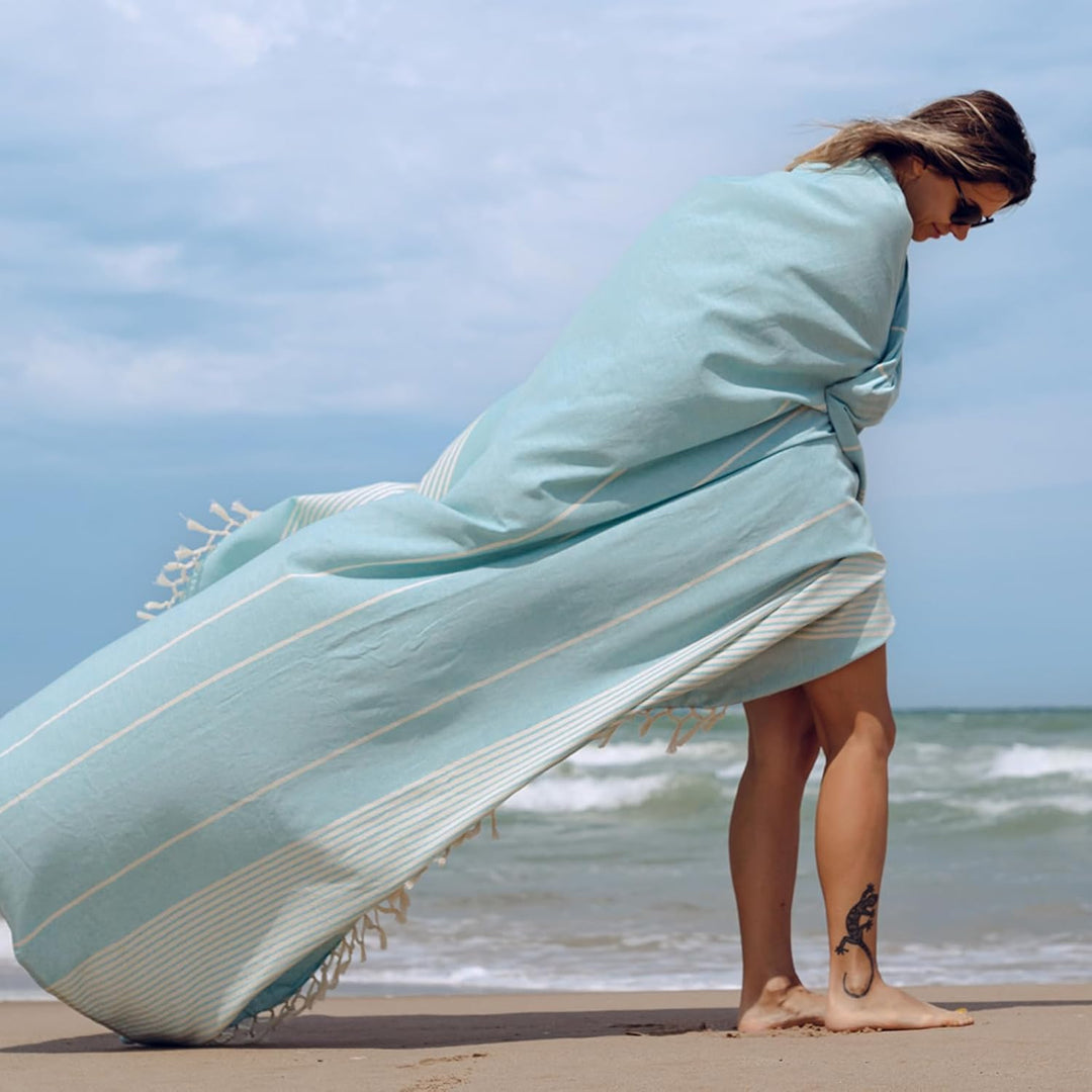 MOMOMUS Fouta XXL, Sandfrei, mit Fransen - Grosses Strandtuch XXL, aus Baumwolle, Sandabweisend - Id