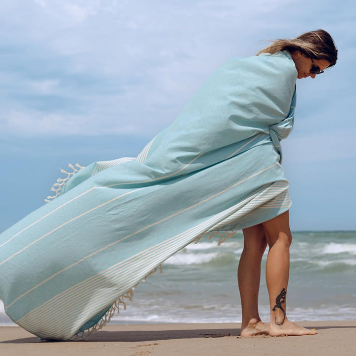 MOMOMUS Fouta XXL, Sandfrei, mit Fransen - Grosses Strandtuch XXL, aus Baumwolle, Sandabweisend - Id