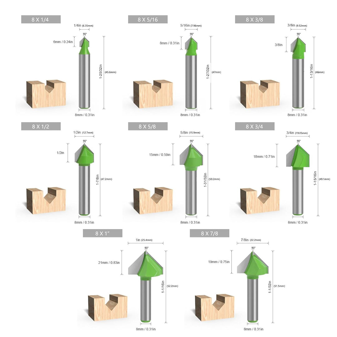 8-mm-Schaft-V-Nut-Fräser, 8-Griff-V-förmiger Fräser, Integrierter Brett-Klappfräser, Schnitz- und Ho