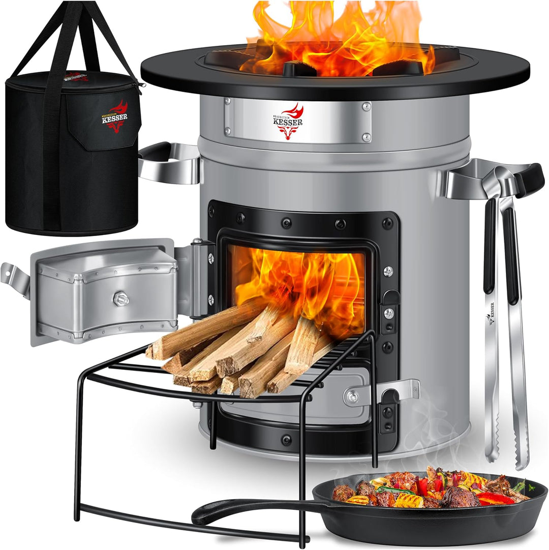 KESSER® Raketenofen Inkl. Grillpfanne aus Gusseisen mit Tragetasche, Dutch Oven BBQ Rakete Holzofen