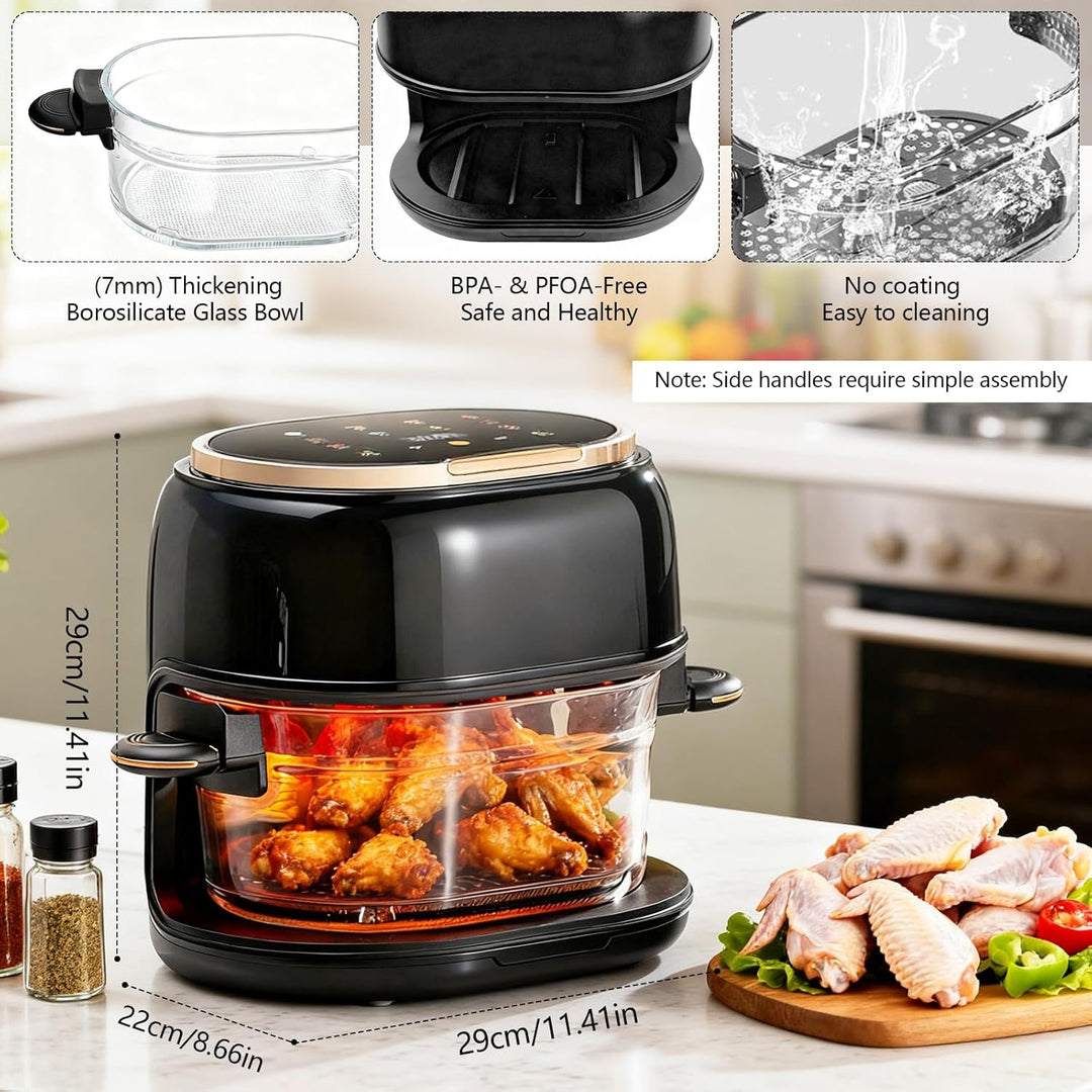 Heissluftfritteuse 5L, spülmaschinenfest Glaskorb, Sichtfenster & Touchscreen, 8 Smart Programme, 1–