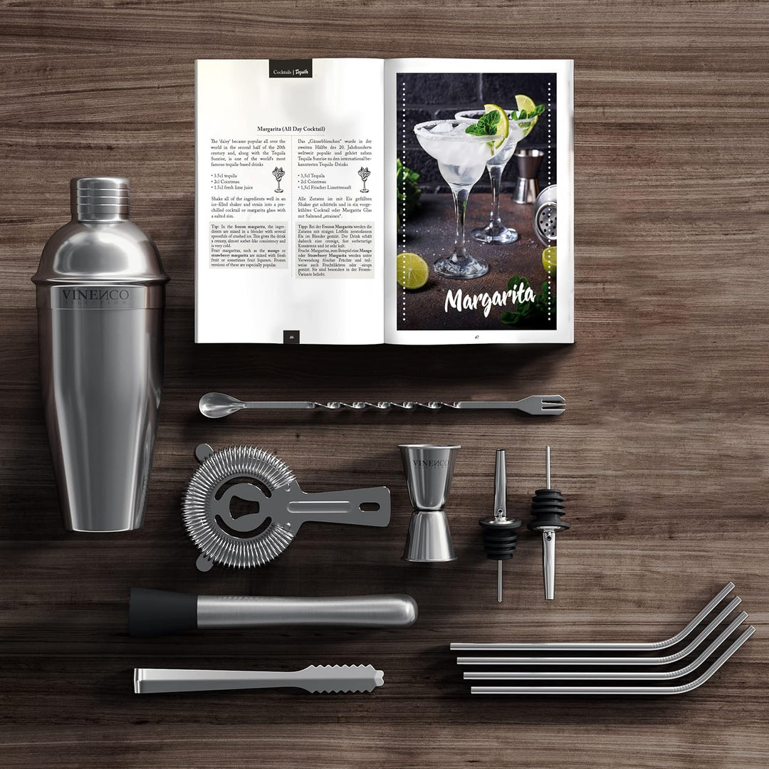 Cocktail Shaker Set + Rezeptbuch: Premium Edelstahl Bar Cocktailset Cocktailshaker Messbecher Strohh